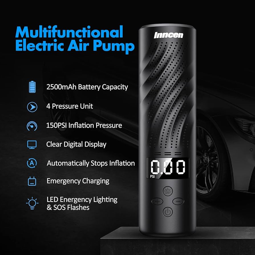 Portable Electric Air Pump – 150 PSI Cordless Air Compressor with LED & Power Bank