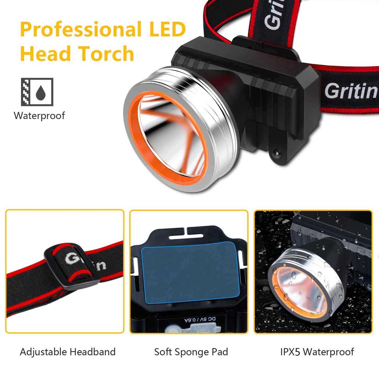 Gritin Rechargeable Head Torch – 2000L Super Bright LED Headlamp with Motion Sensor & 4 Light Modes