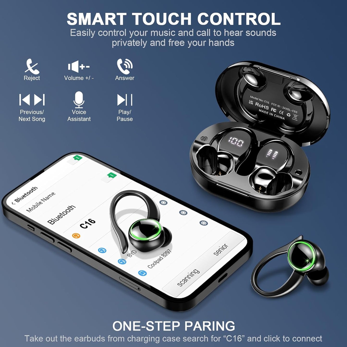 Kuizil C16 Wireless Earbuds – Bluetooth 5.3 Headphones with 50H Playtime & Noise Cancelling