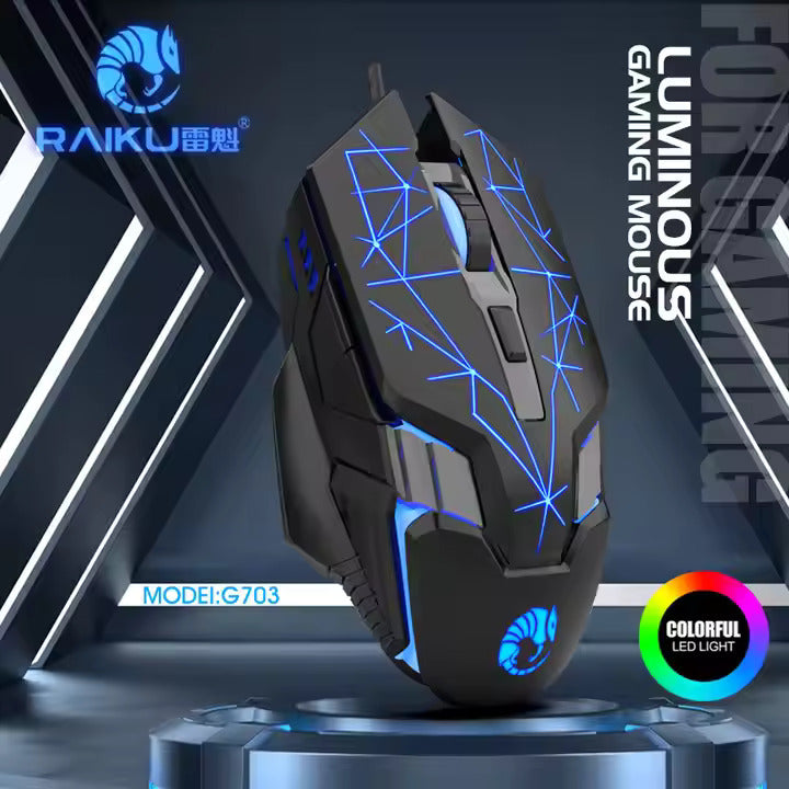 RAIKU G703 Gaming Mouse – 6D Esports Mouse with RGB Glow & Braided Wire