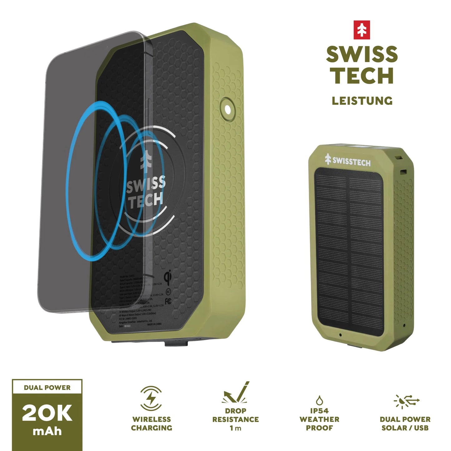 Swiss Tech 20000mAh Wireless Solar Power Bank