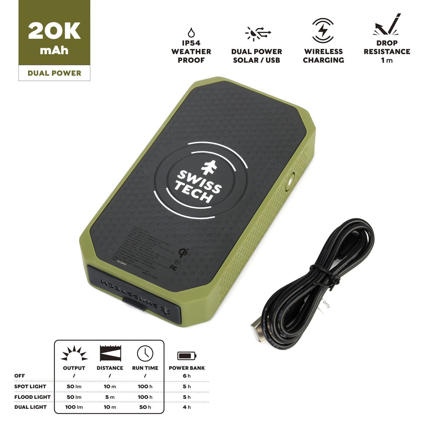 Swiss Tech 20000mAh Wireless Solar Power Bank